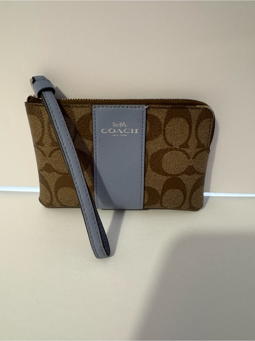 Coach Signature C Canvas Wristlet Denim Blue Leather Silver